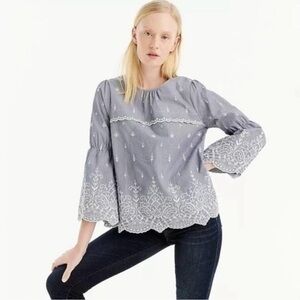 J.Crew Women’s Stripe Print Embroidered 3/4 Bell Sleeves Poplin Blouse Sz S